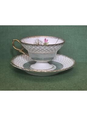 Vintage Seafoam Green Lusterware Hobnail Pedestal Teacup & Saucer Set